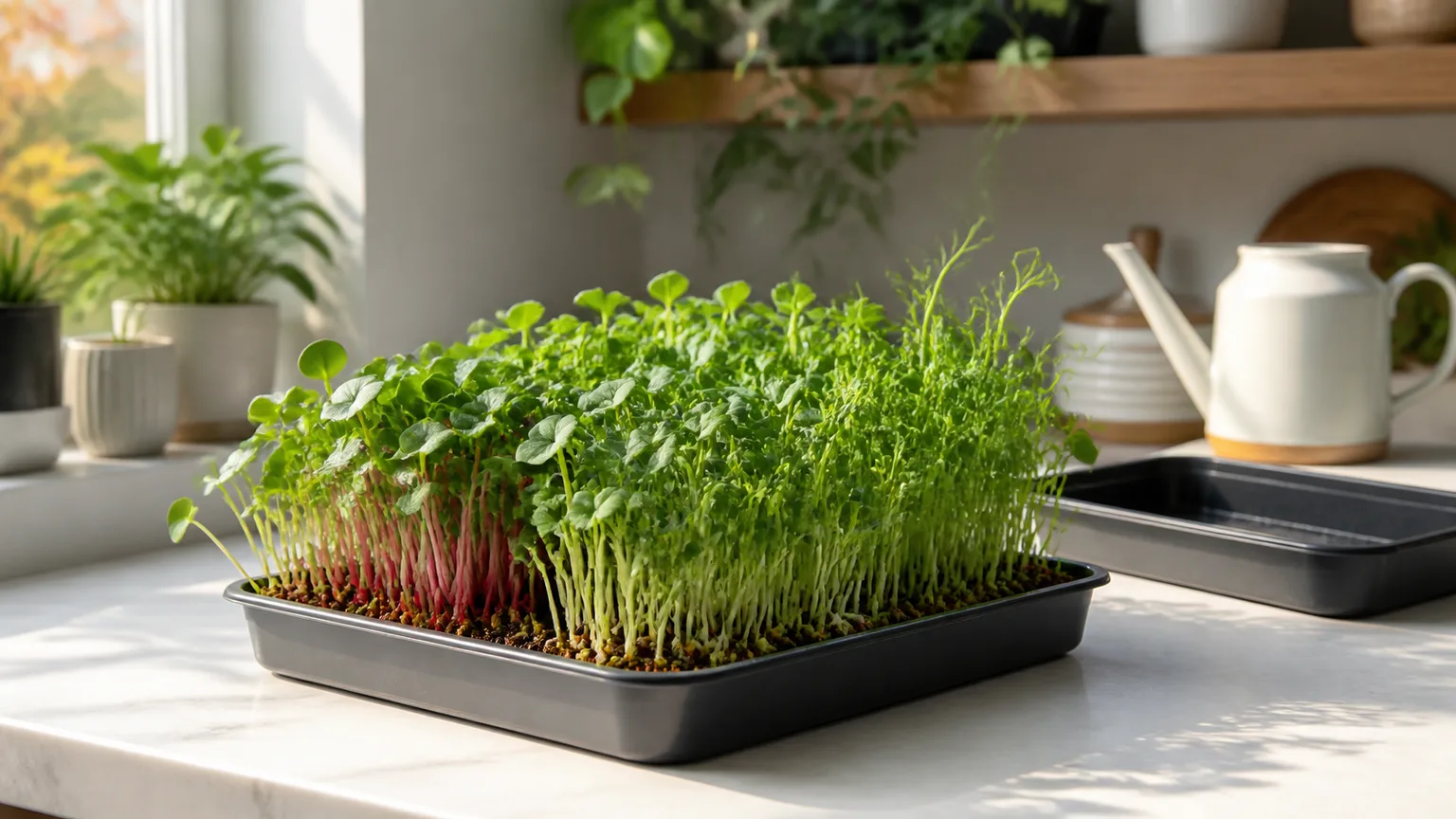 Dense harvest-ready microgreens growing in a shallow indoor tray