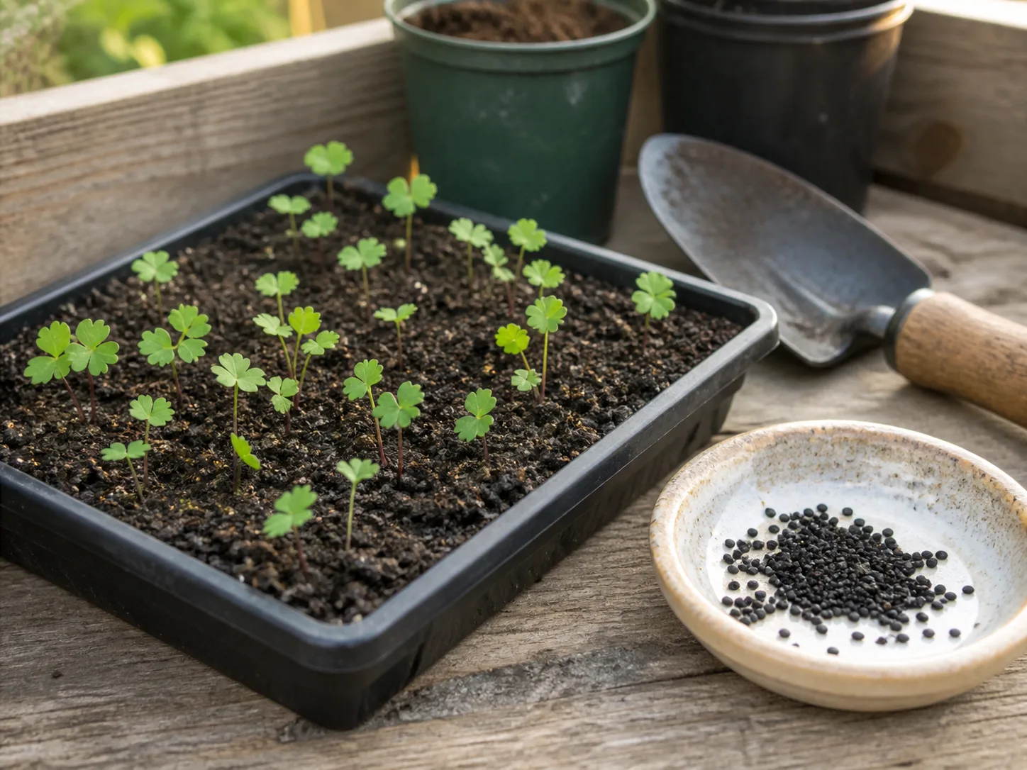 Young columbine seedlings in a spring seed-starting tray