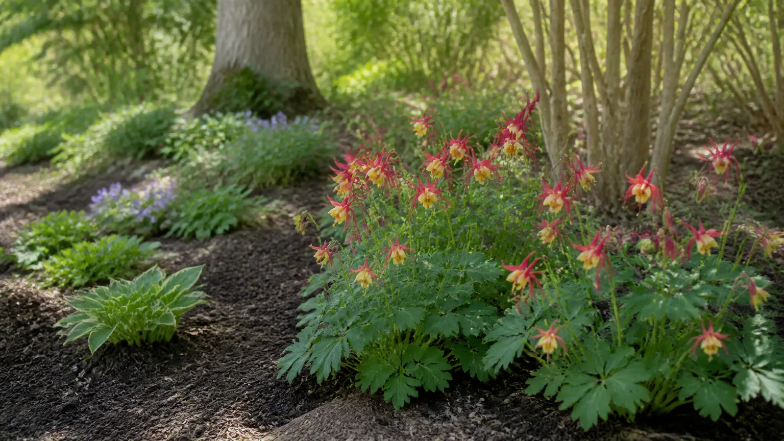 Columbines growing in a moist, lightly shaded spring garden bed