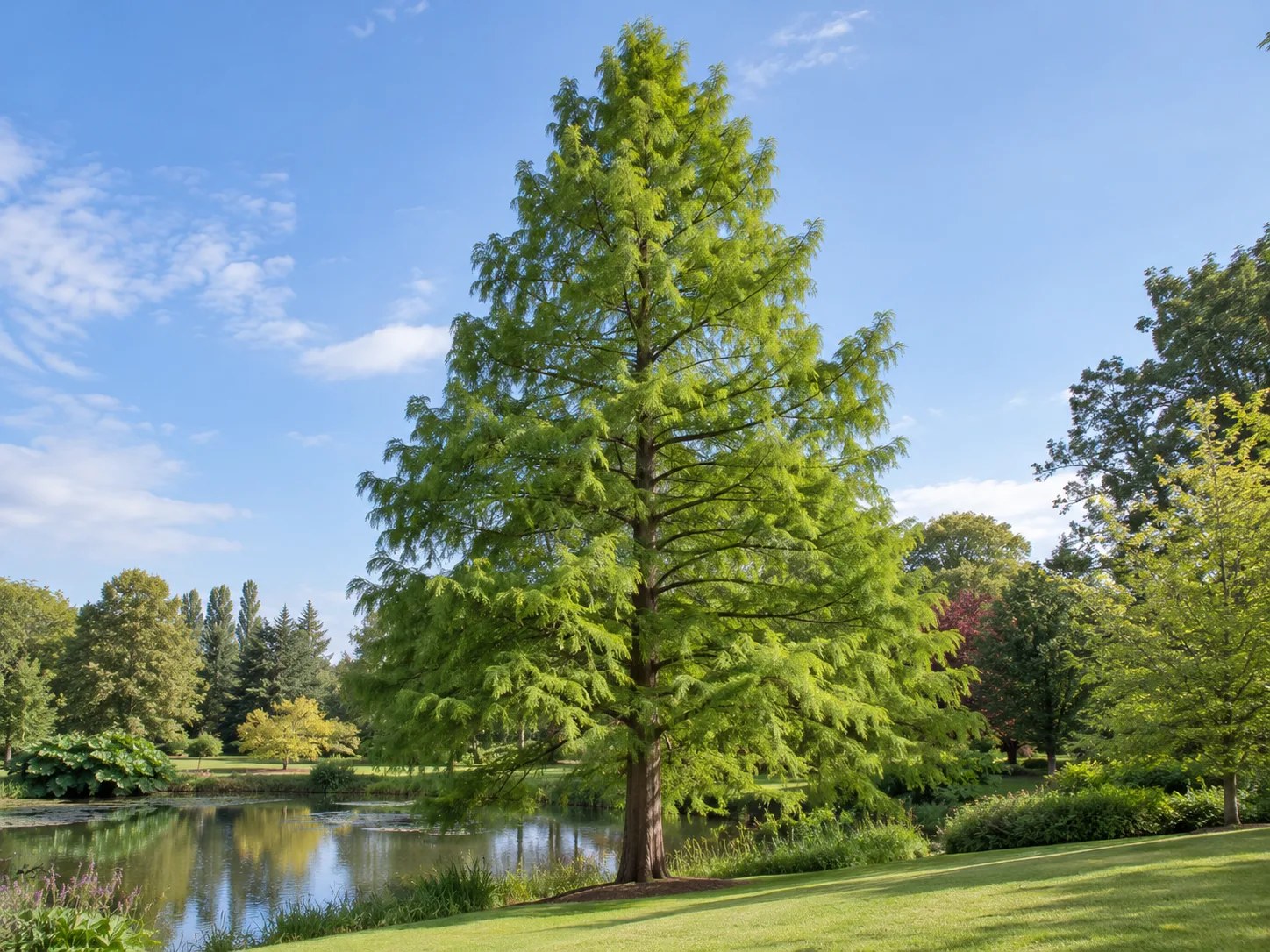 Dawn redwood beside a pond showing its tall, narrow crown