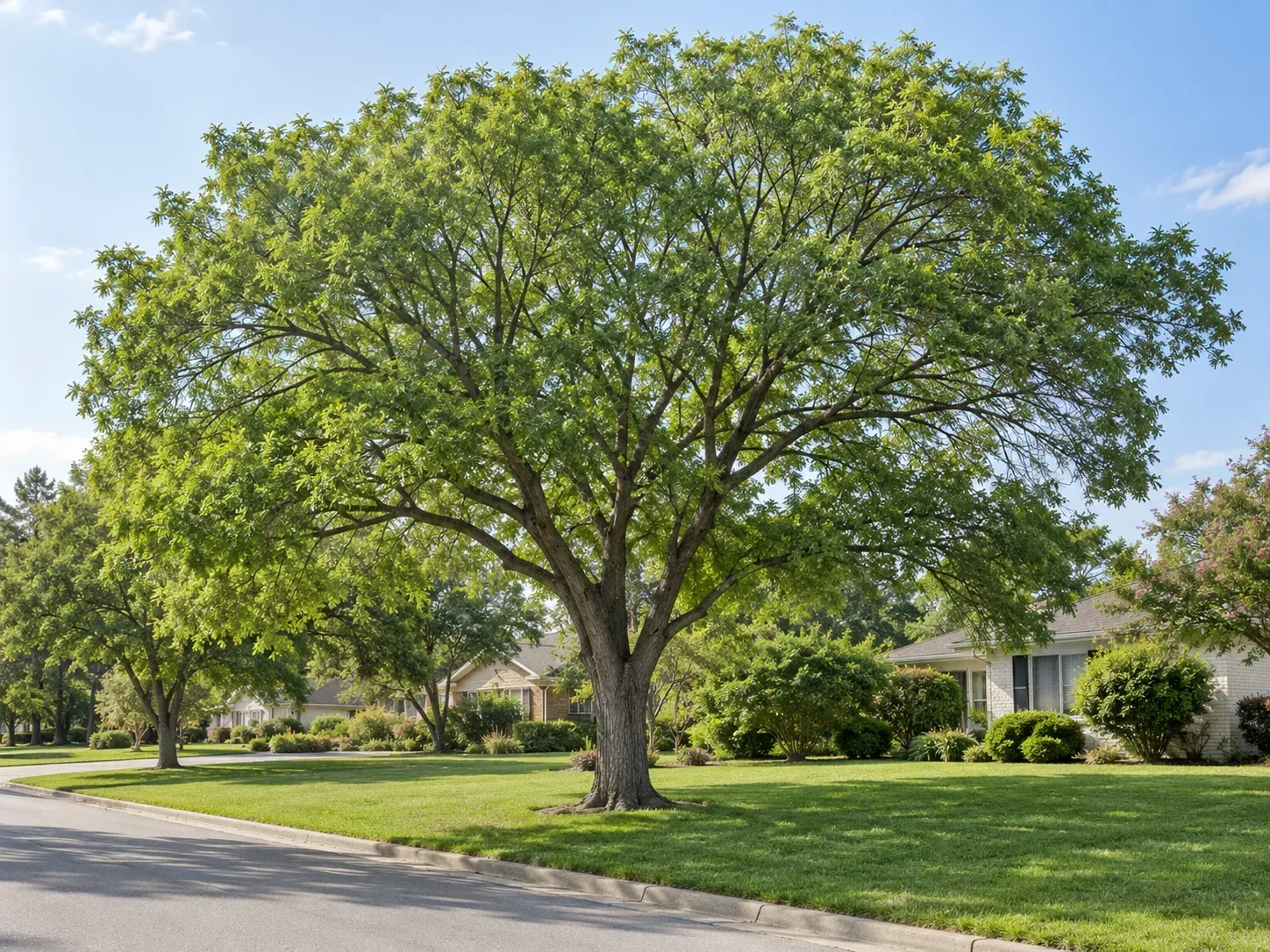Mature winged elm shading a residential street and lawn