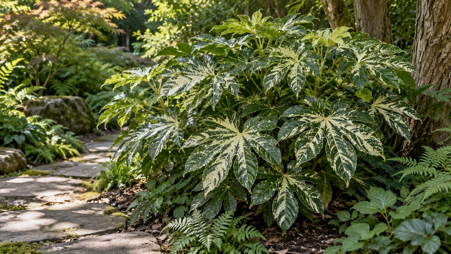 Fatsia Spider Web with cream-white speckled leaves in a sheltered shade garden