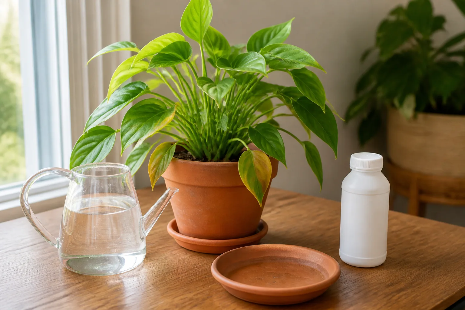 Hands emptying saucer after leaching a salt-stressed houseplant at the sink