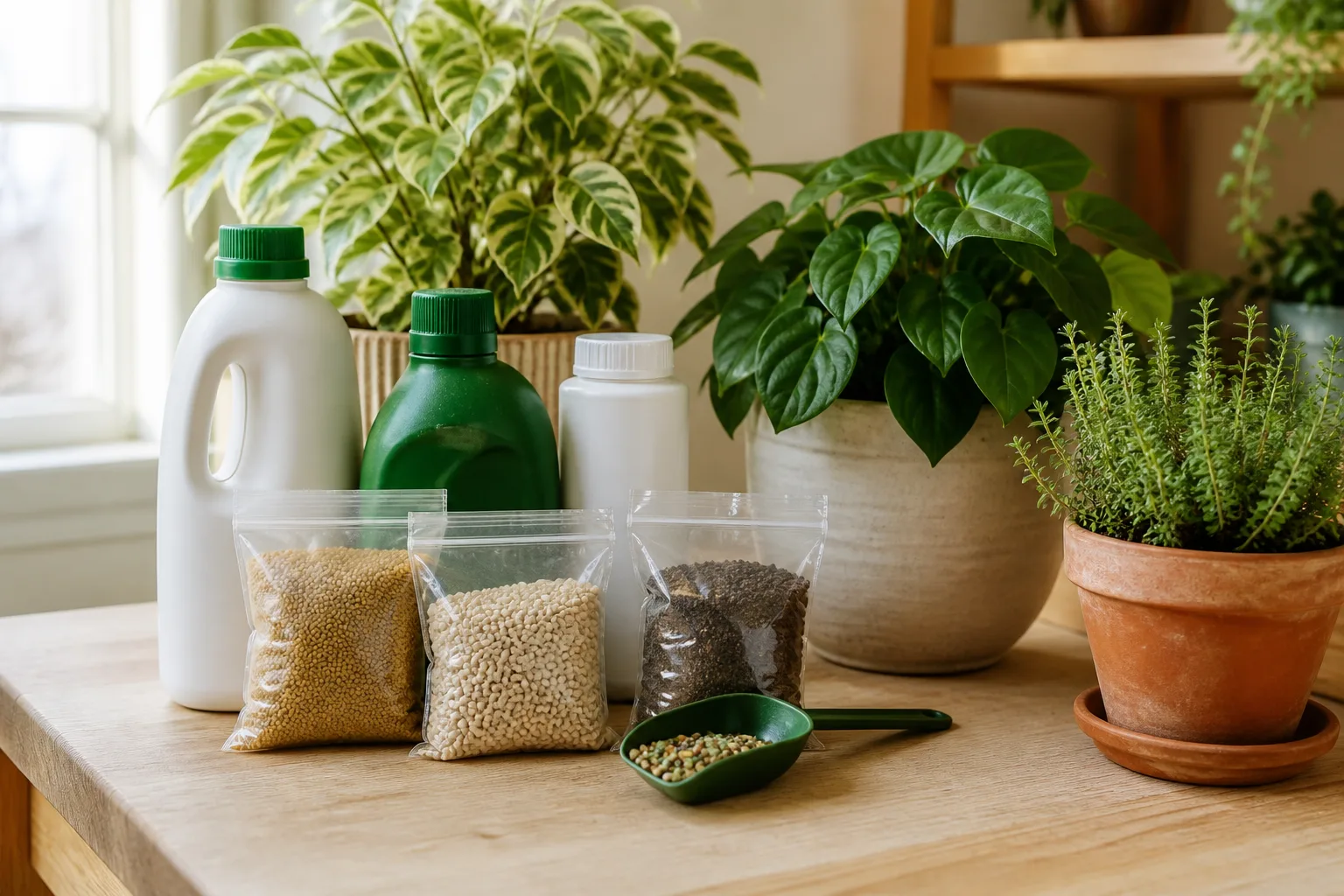 Assorted indoor plant fertilizers with visible N-P-K numbers on the labels beside healthy potted plants