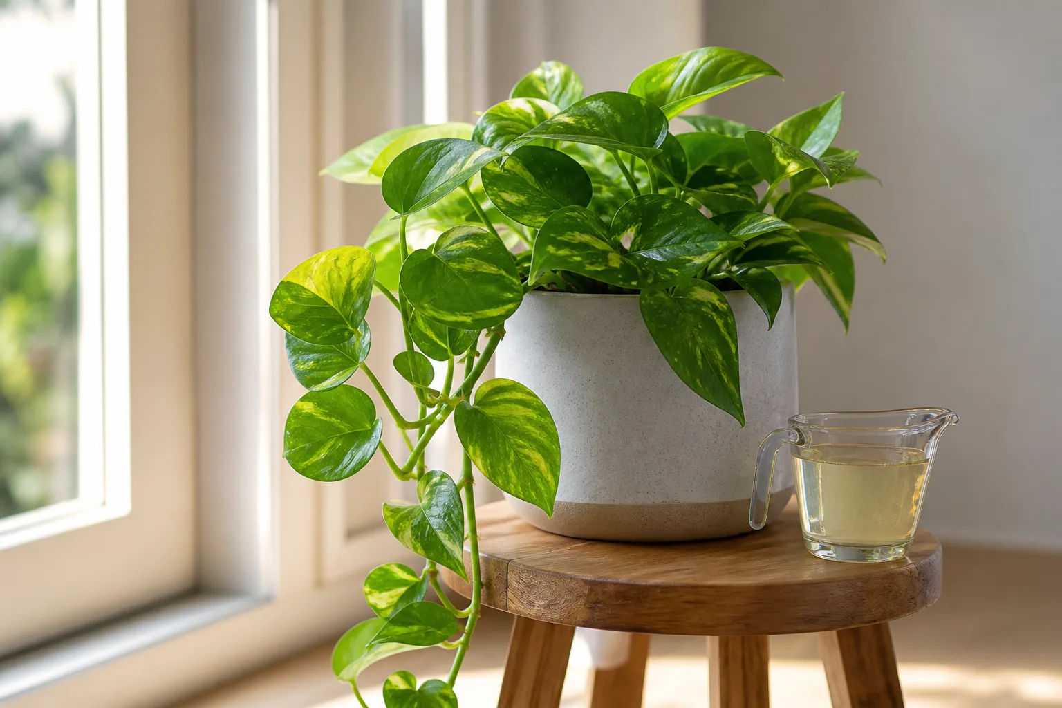 Healthy houseplant leaves beside a measuring cup of diluted liquid fertilizer
