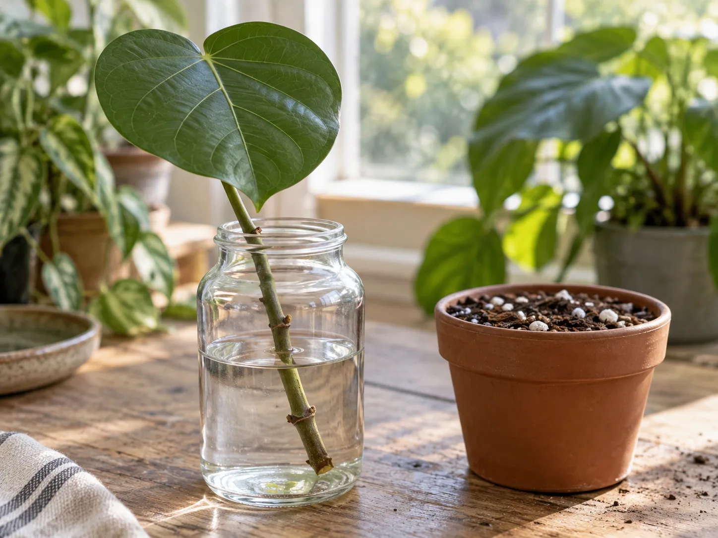 Ficus umbellata stem cutting with a node submerged in water beside airy propagation mix