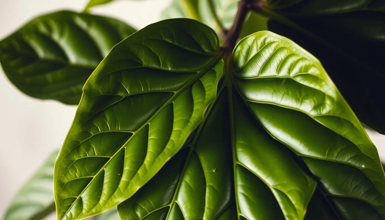 Large-leaf houseplants styled in a bright corner with negative space around the foliage