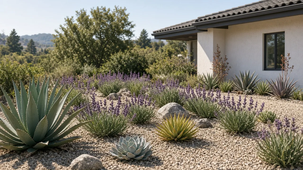 Fire-resistant perennial garden with sedum, coneflowers, lavender, and stone groundcover