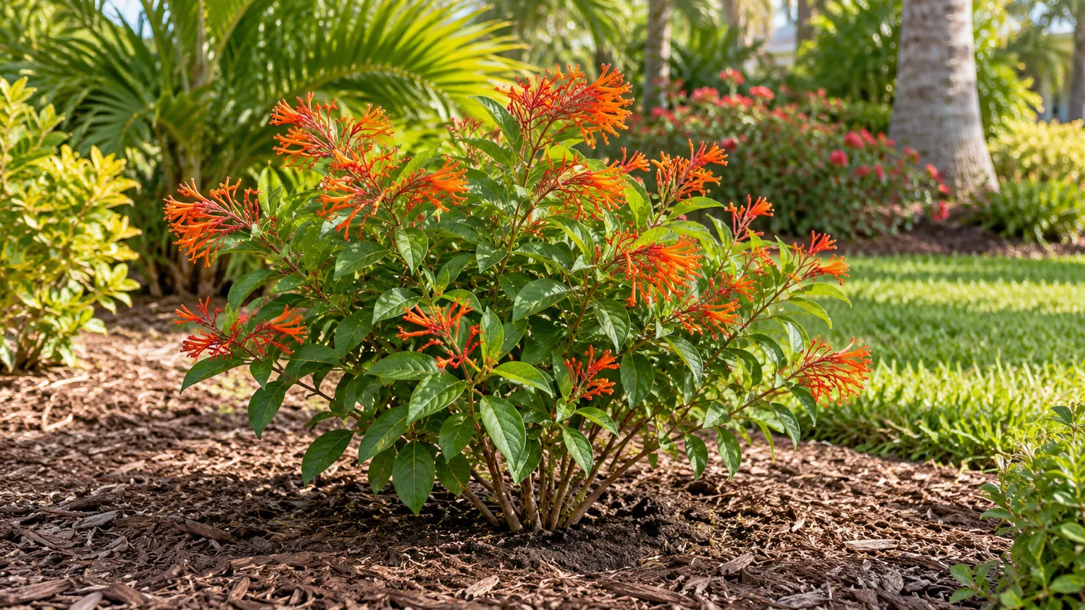 A young firebush planted in a sunny, well-drained garden bed with open space around its root zone