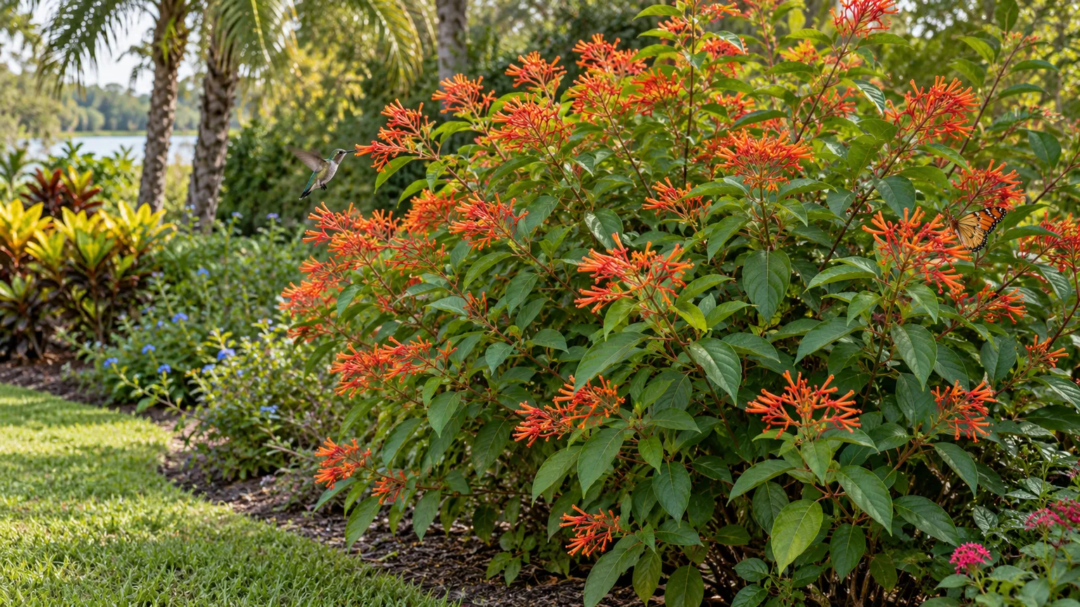 A mature firebush in a warm-climate pollinator garden, with orange-red blooms and open space around the shrub