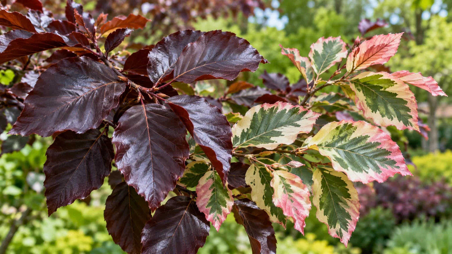 Purple copper beech leaves beside pink-edged, cream-and-green tricolor beech foliage