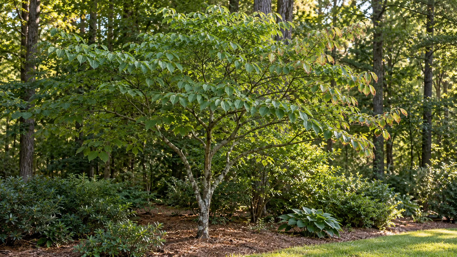 Flowering dogwood in a woodland-edge garden with mild scorch along a few outer leaves