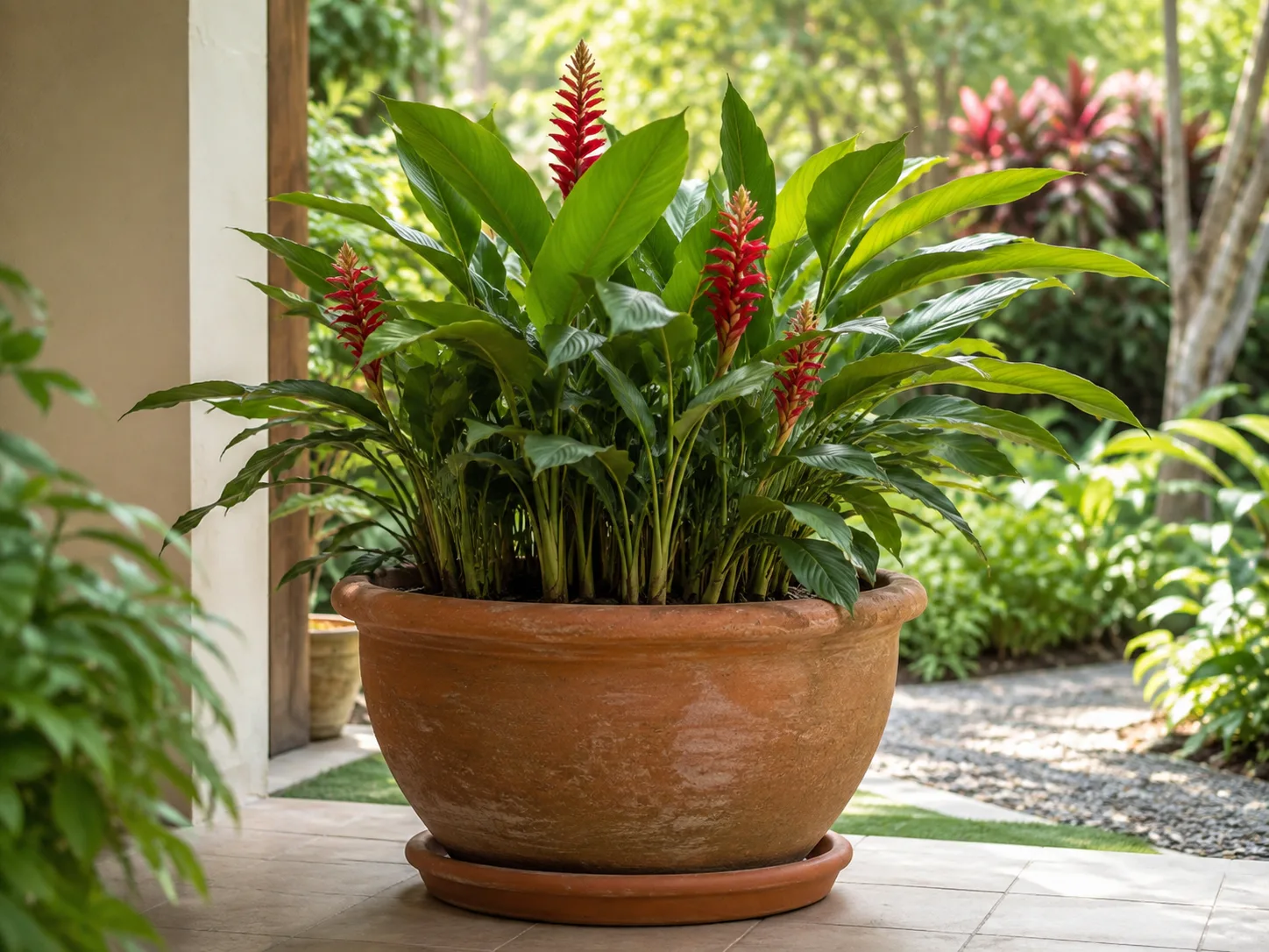 Flowering ginger growing in a broad, stable terracotta container on a sheltered patio