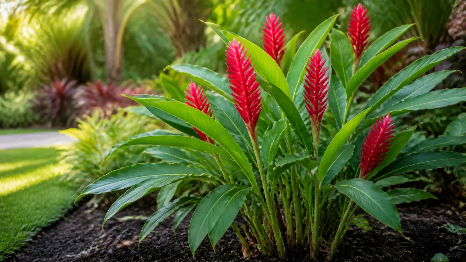 Flowering ginger with red bracted blooms in a sheltered garden bed