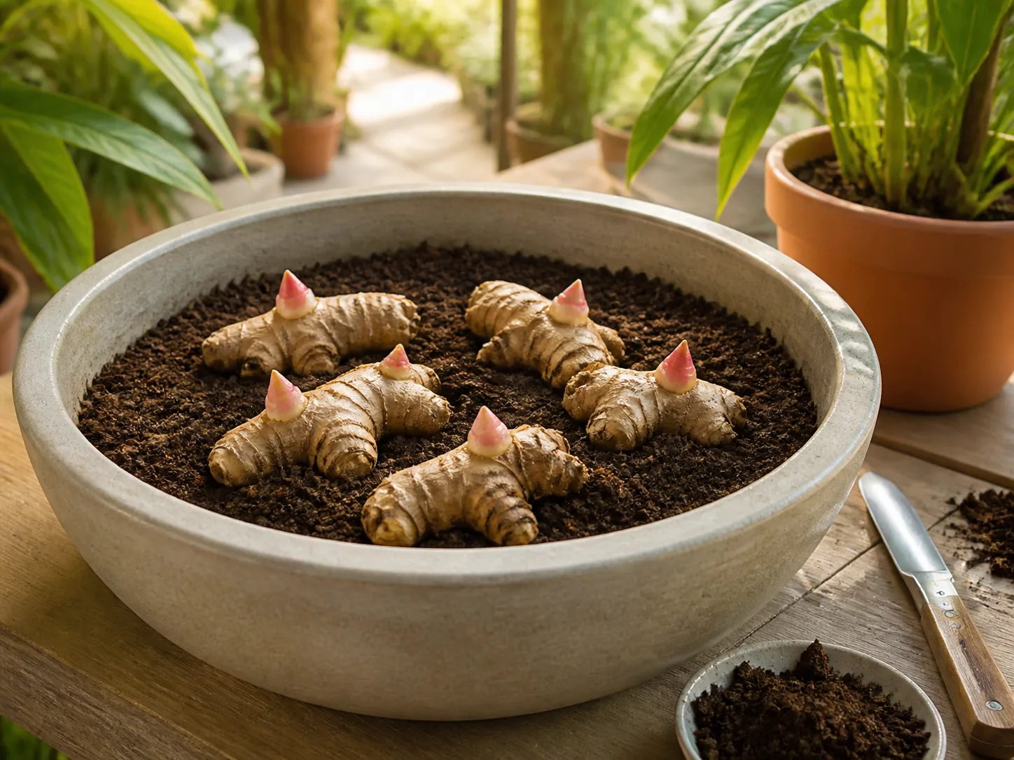 Flowering ginger rhizomes planted horizontally with growth buds facing upward
