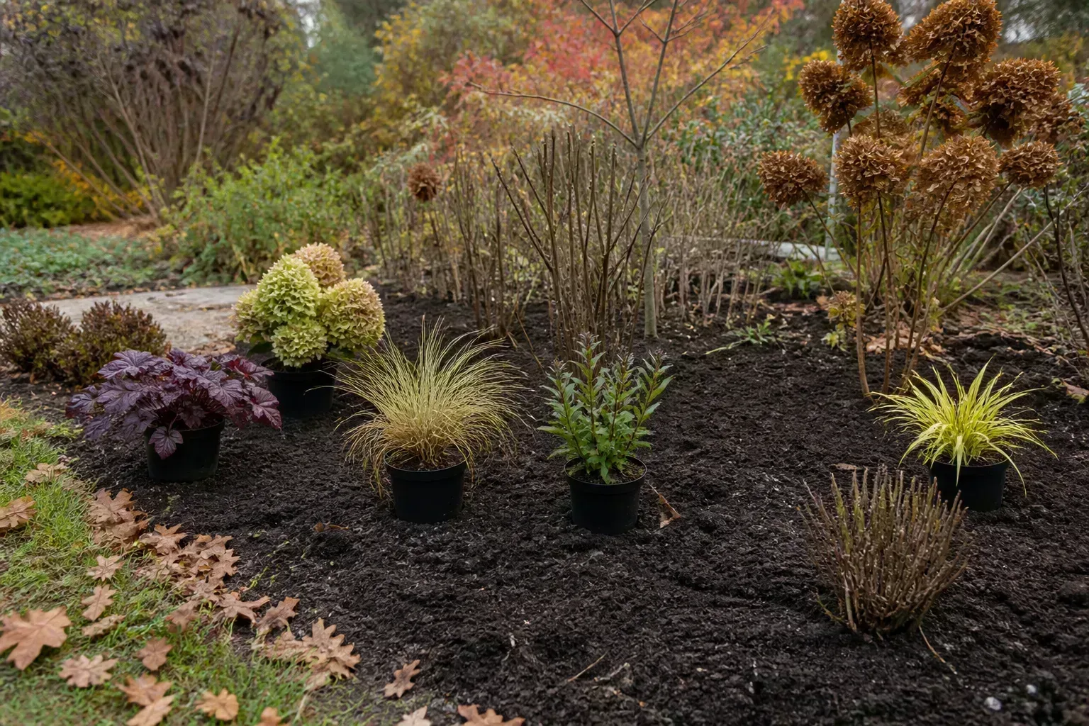Prepared autumn garden bed with dormant perennials ready for late-fall November planting