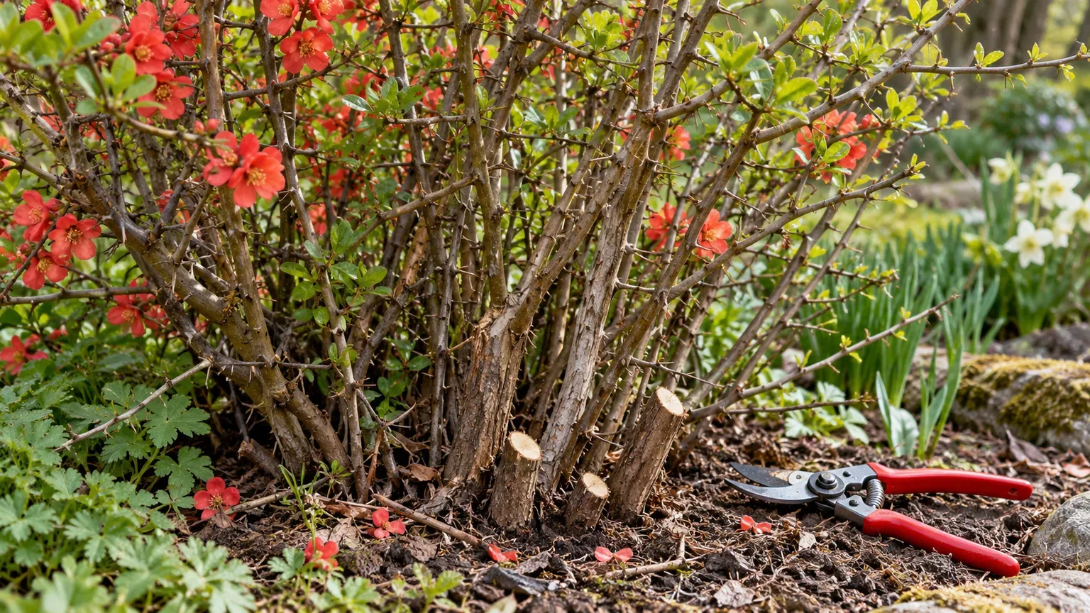 Flowering quince stems after selective pruning, with bypass pruners beside the shrub