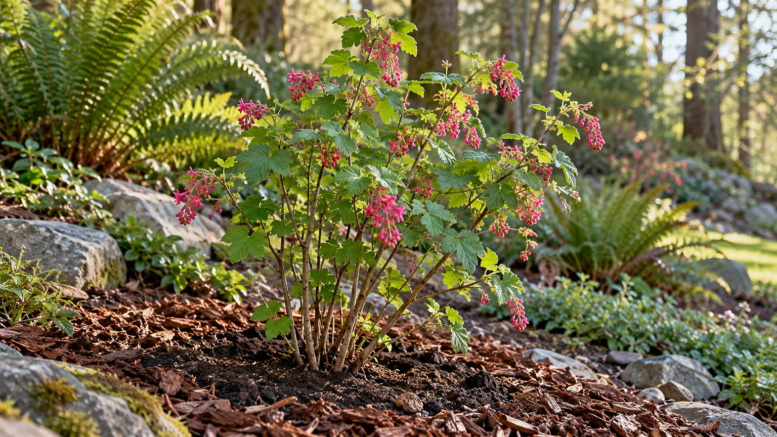 Red-flowering currant planted in a well-drained woodland-edge garden bed