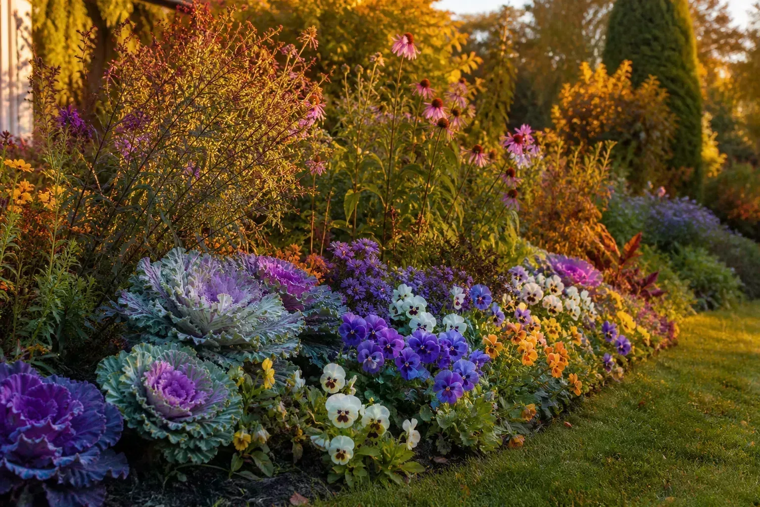 Late-summer garden bed with cool-season flowers transitioning into fall color