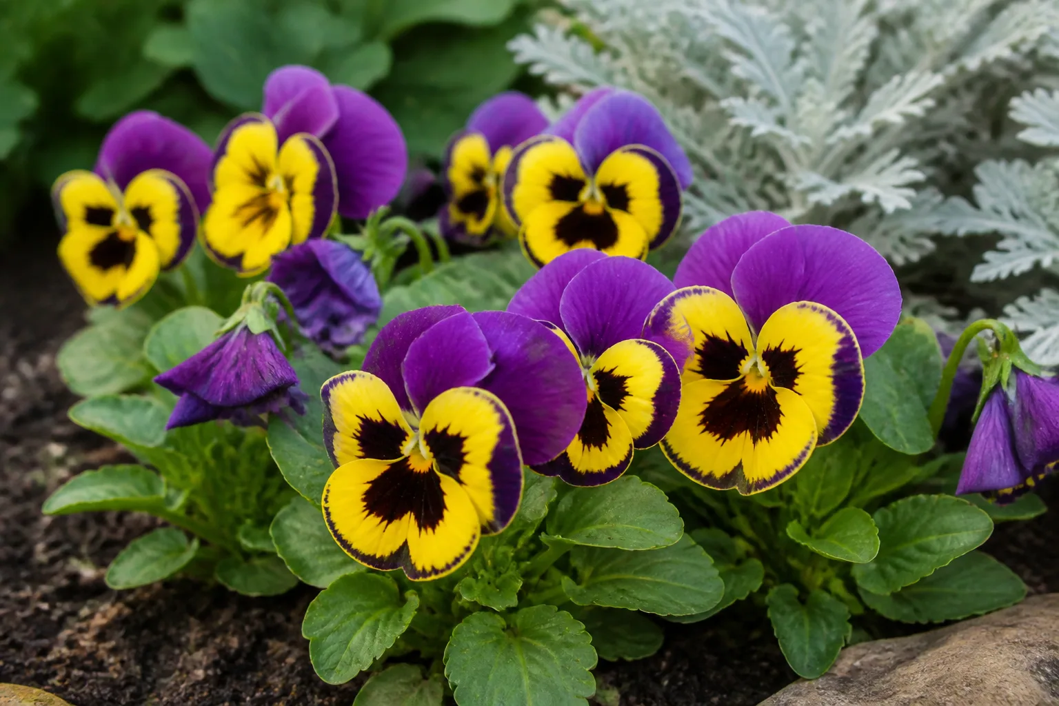 Purple and yellow pansy flowers in a cool-season garden bed