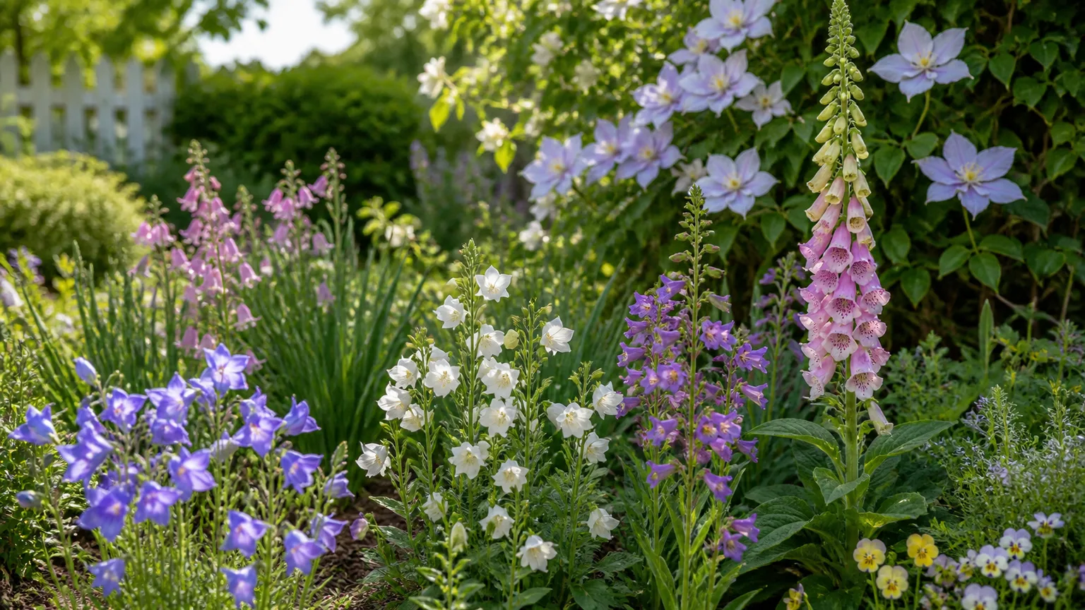 Mixed garden border with purple bellflowers, white penstemon, pink foxglove, and clematis