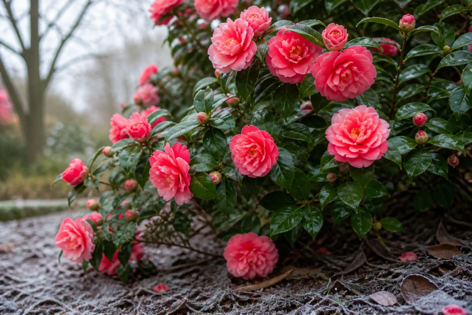 Sasanqua camellia with salmon-pink winter blooms on glossy evergreen foliage
