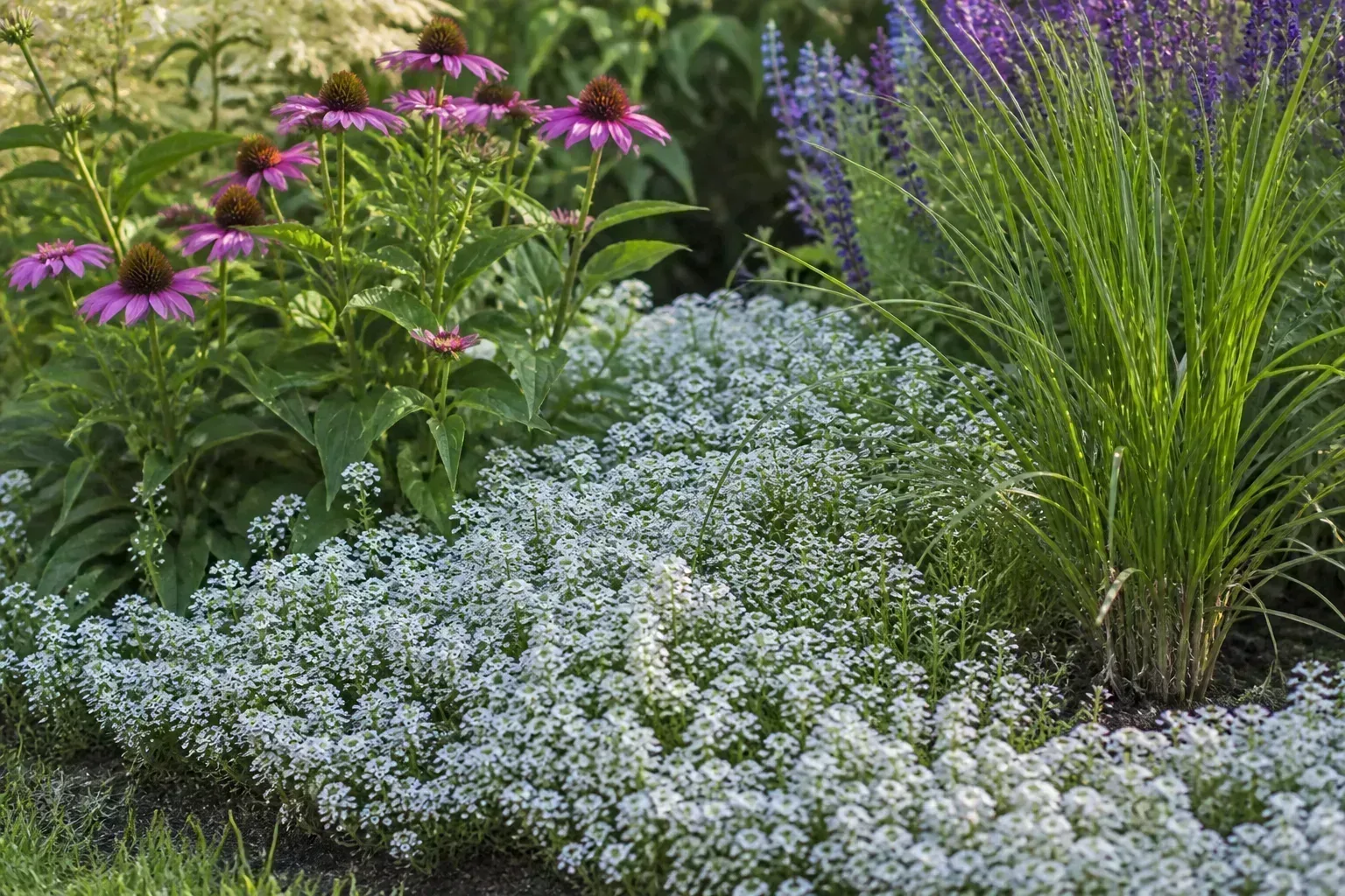 White sweet alyssum ground cover flowering between taller perennials