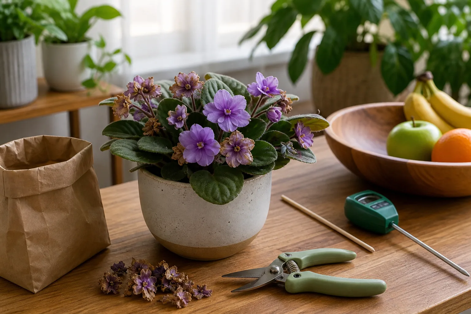 Hands deadheading brown spent houseplant blooms into a bag beside stable pots