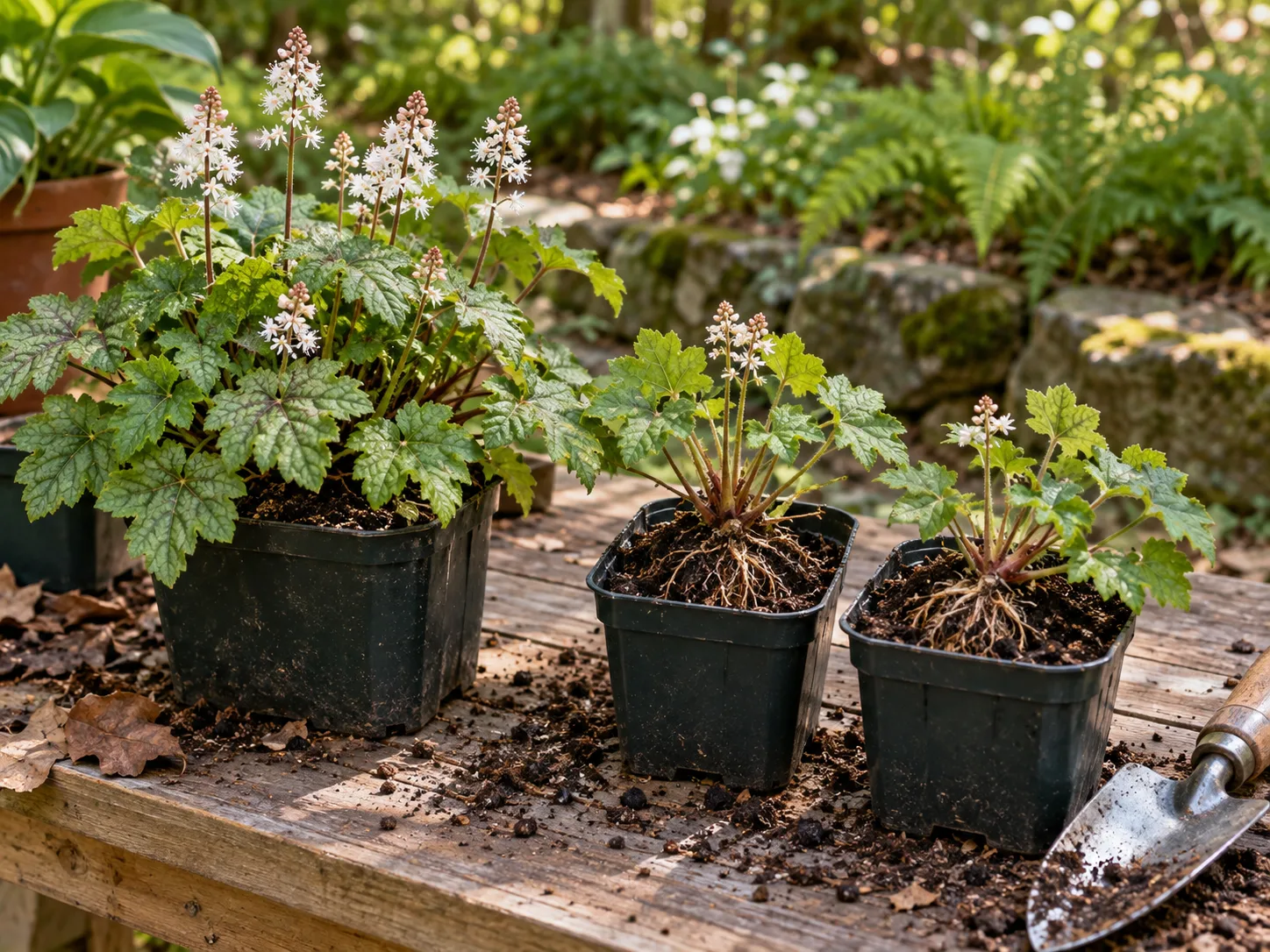 Foamflower clump beside rooted divisions in pots on a shaded potting bench