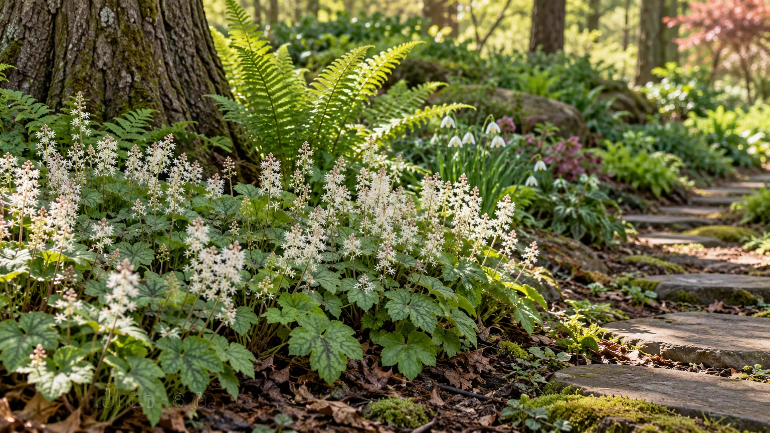 Foamflower growing as a low spring groundcover beneath a deciduous tree beside a shaded path