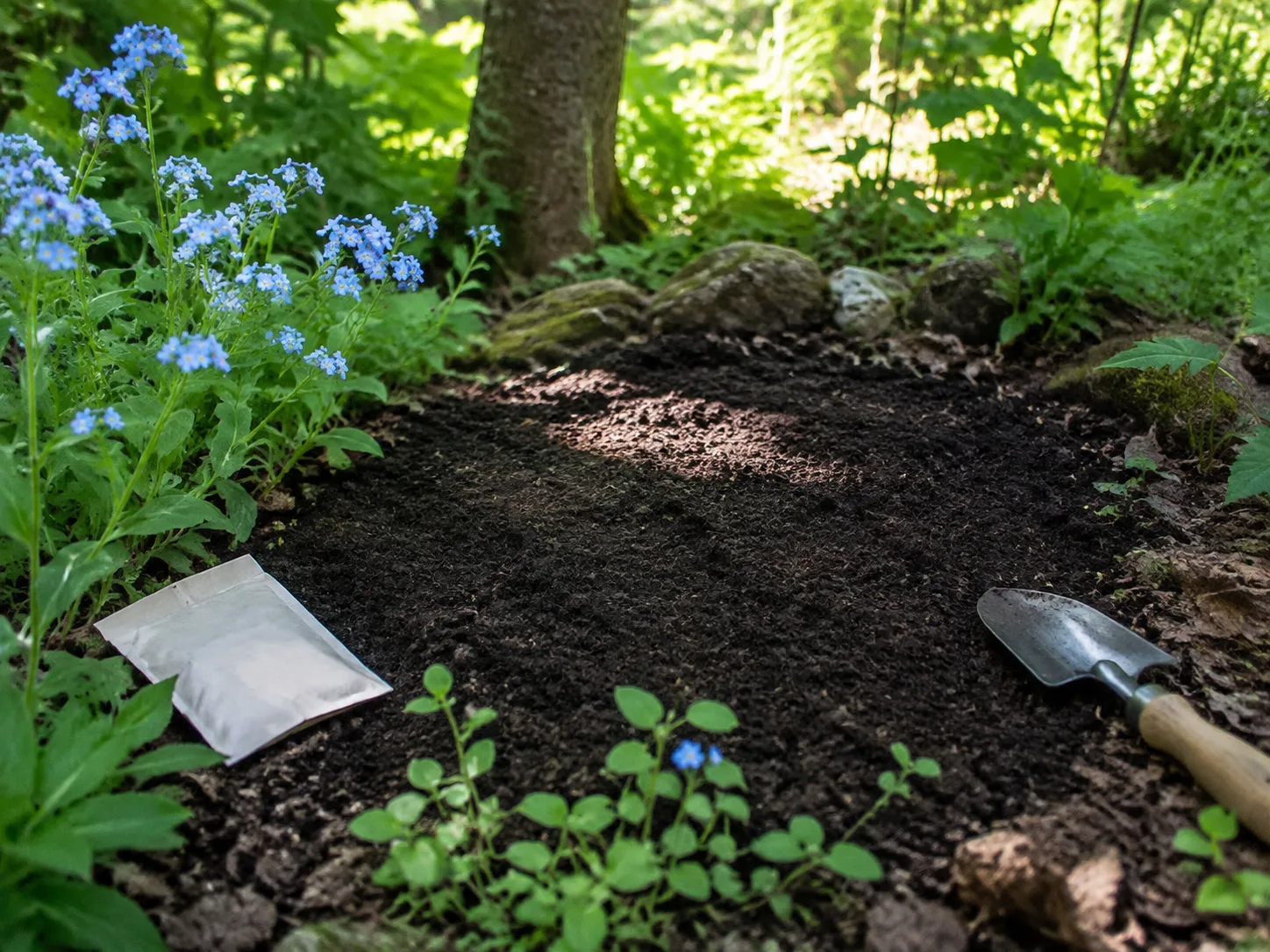 Outdoor seed-sowing setup for woodland forget-me-nots in a prepared, moist garden bed