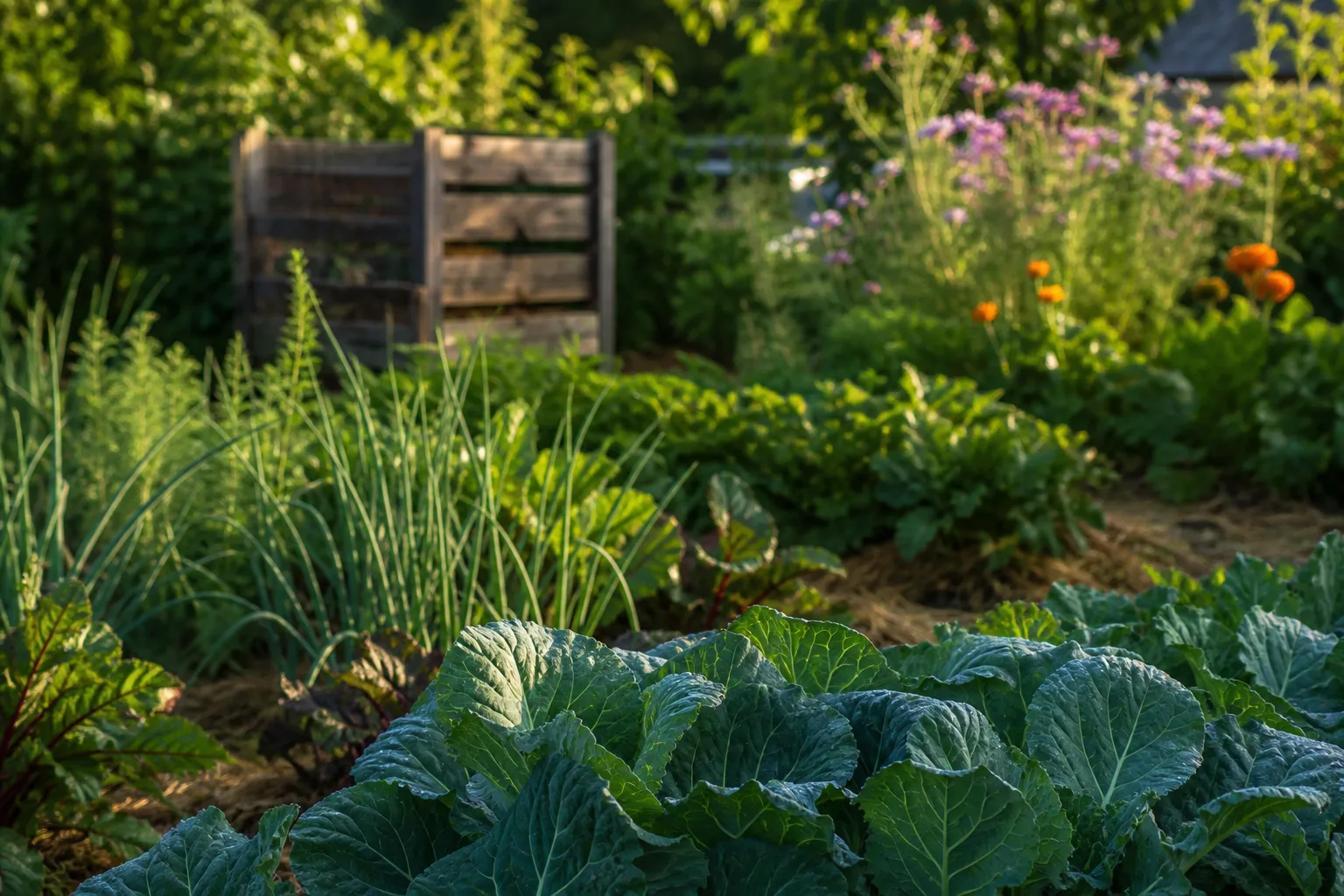 Mulched home vegetable garden with compost bin in soft morning light and no bare soil visible