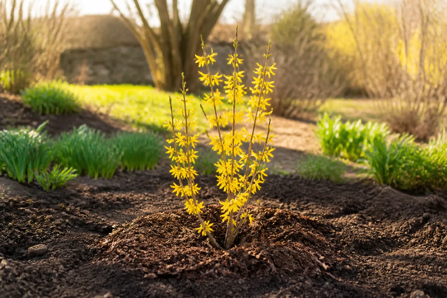 Container-grown perennials being planted in a spring garden bed after the last frost