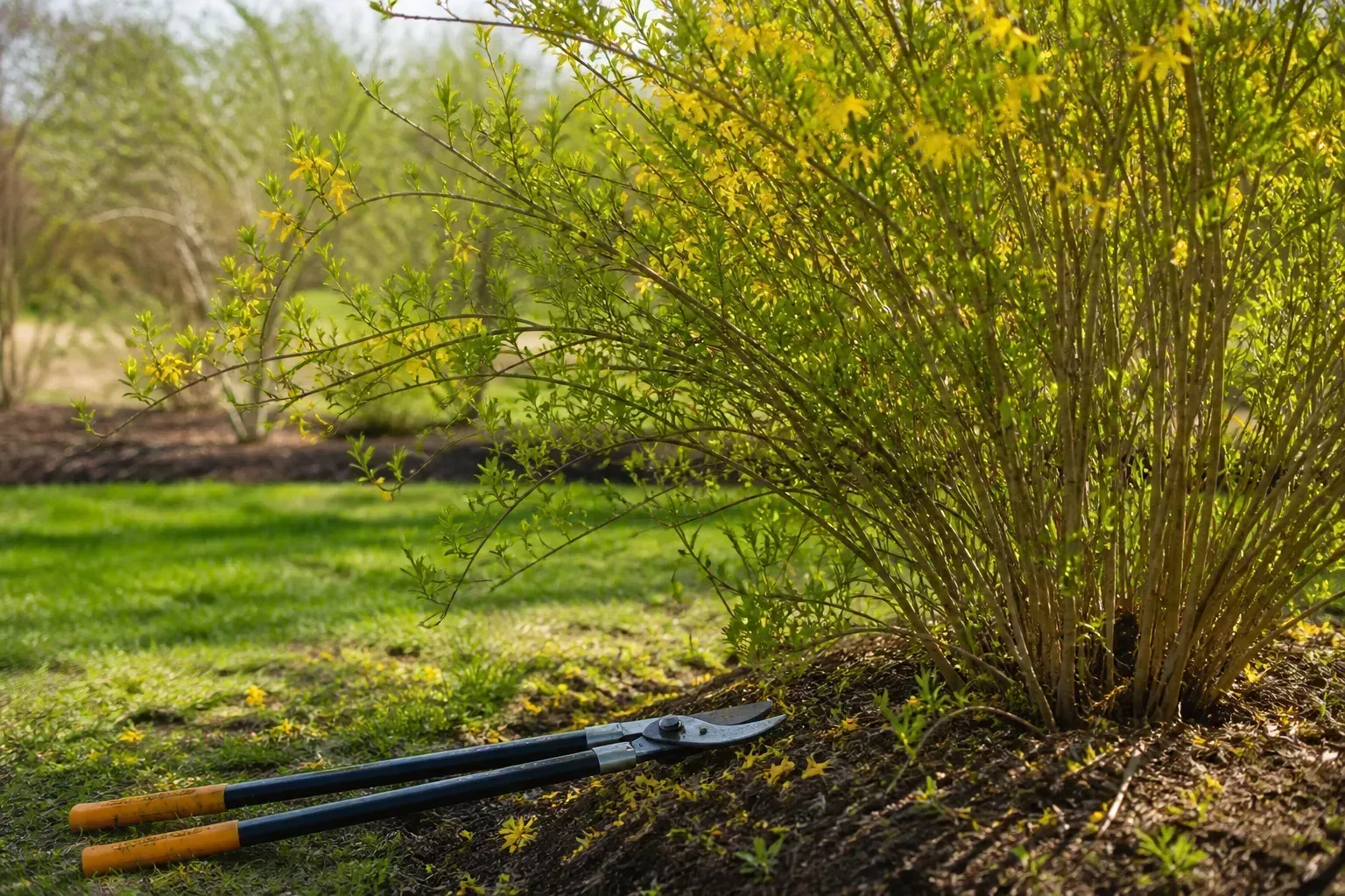 Spring-flowering forsythia shrub with swollen buds that would be removed by premature March pruning