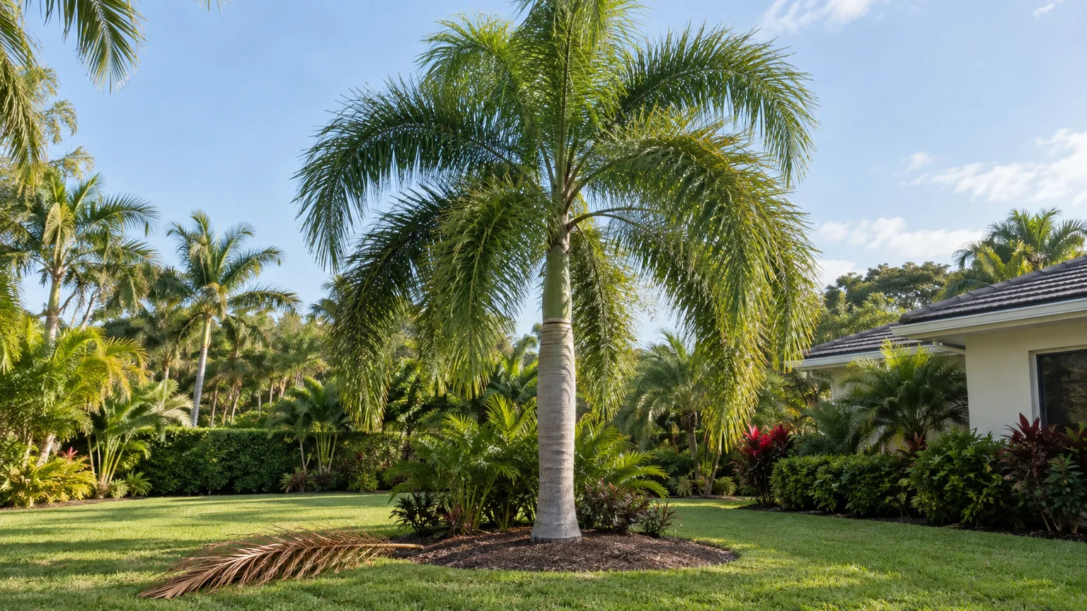 Healthy foxtail palm canopy beside a naturally fallen dead frond
