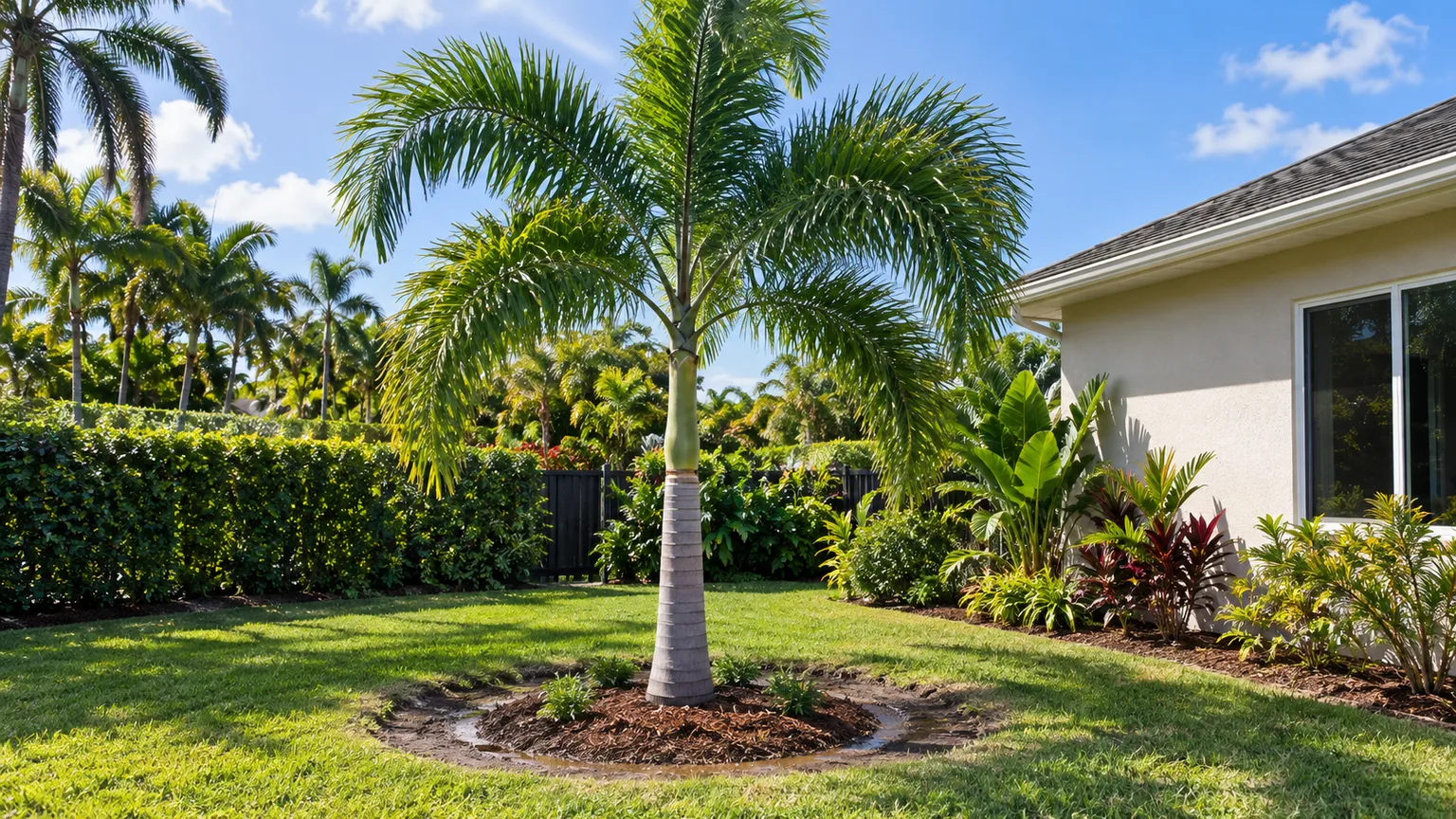Newly planted foxtail palm with a watering basin and mulch kept away from the trunk
