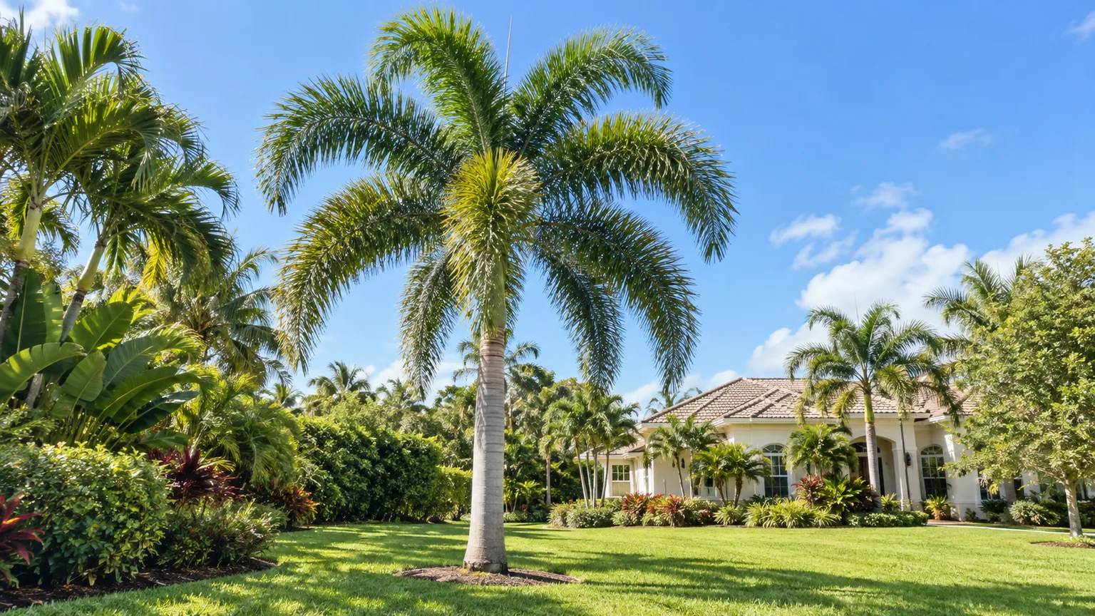 Mature foxtail palm in a sunny backyard with open crown space and room from the house