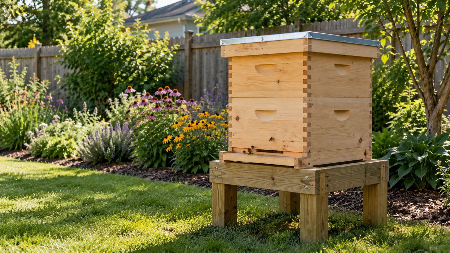 A natural pine Langstroth beehive on a stand in a flower-filled backyard