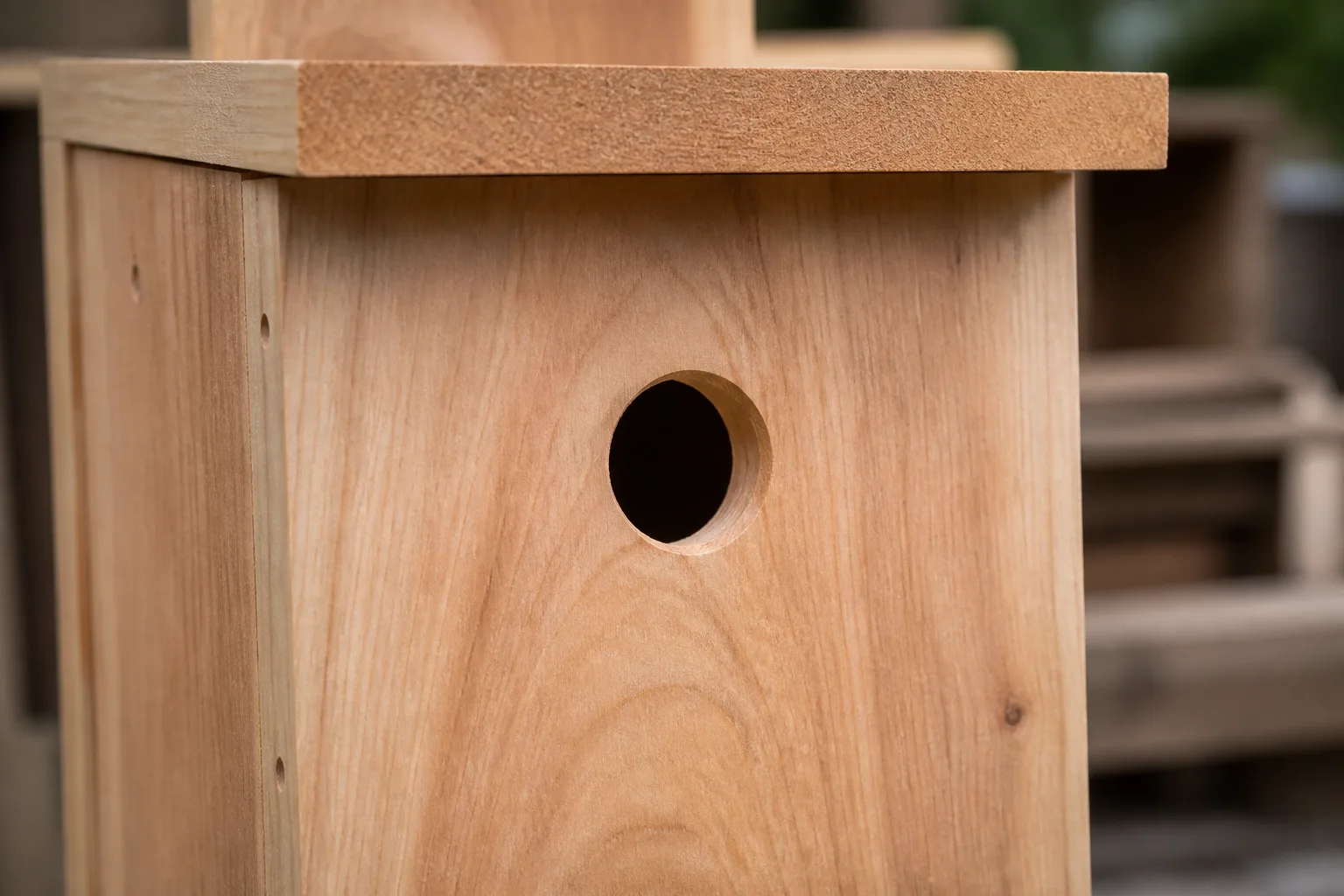 Close-up of a cedar nest box showing a clean round entrance hole