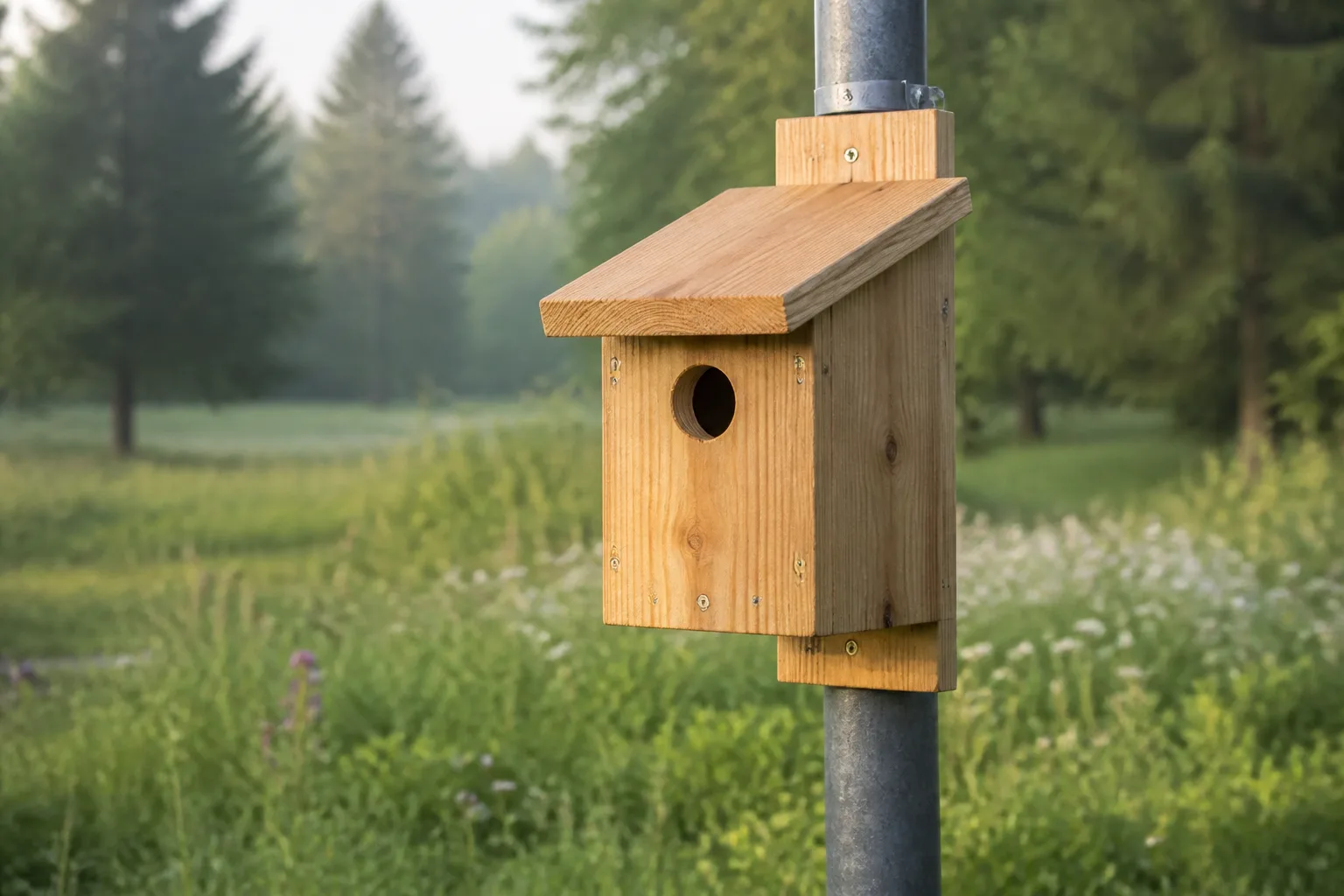 Cedar birdhouse on a metal pole in an open grassy backyard meadow