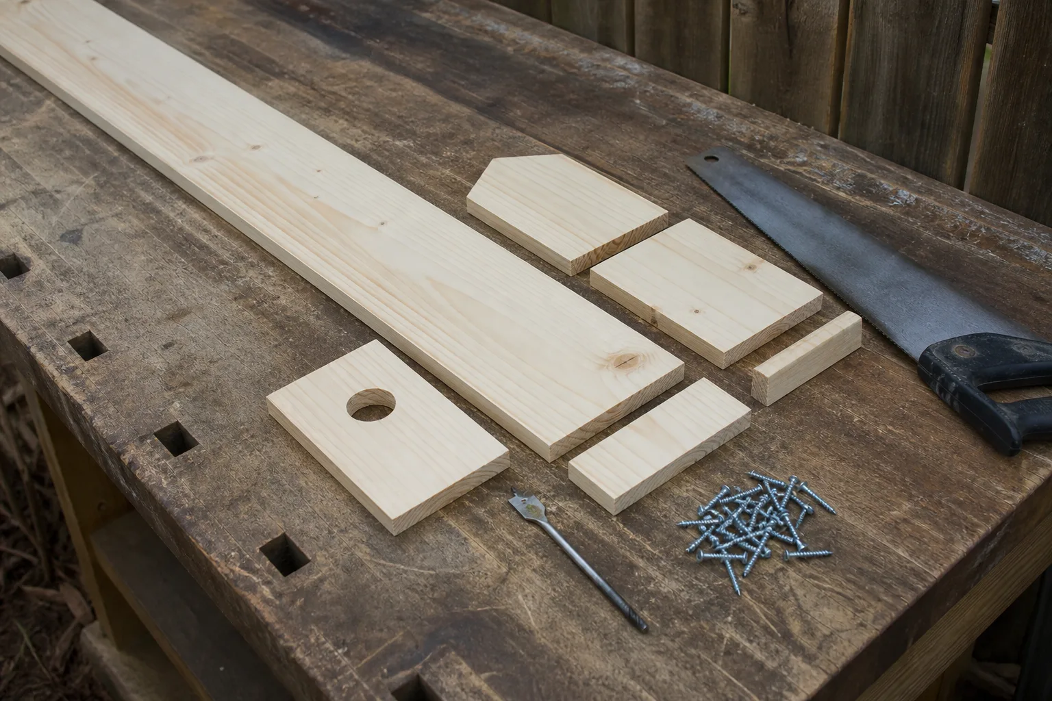 Pine board cut pieces and tools laid out for a one-board DIY birdhouse build