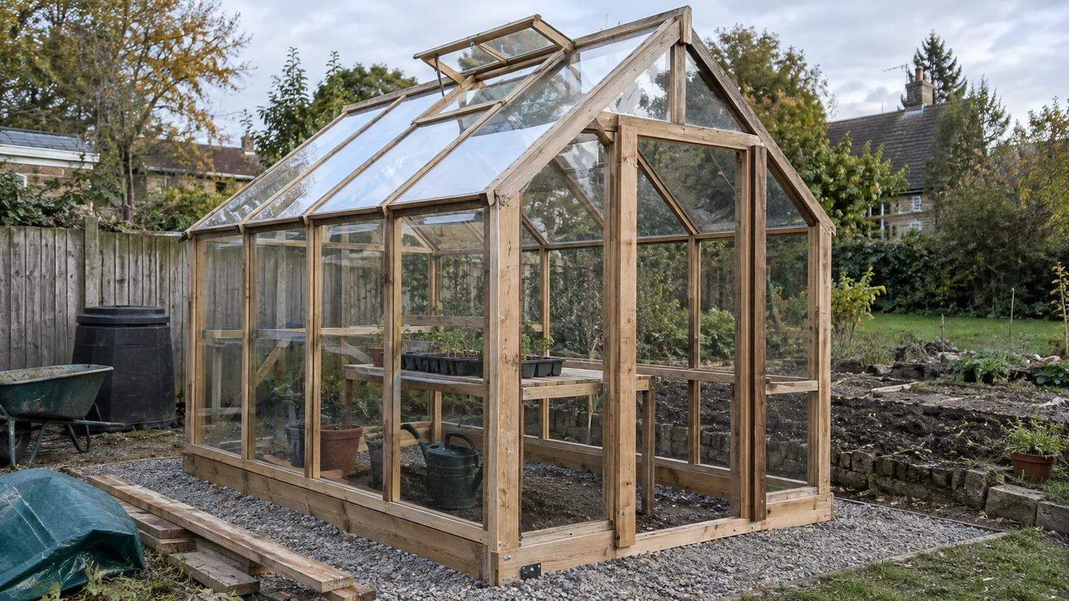 A partially assembled timber greenhouse on a level gravel base, with clear panels and a roof vent.
