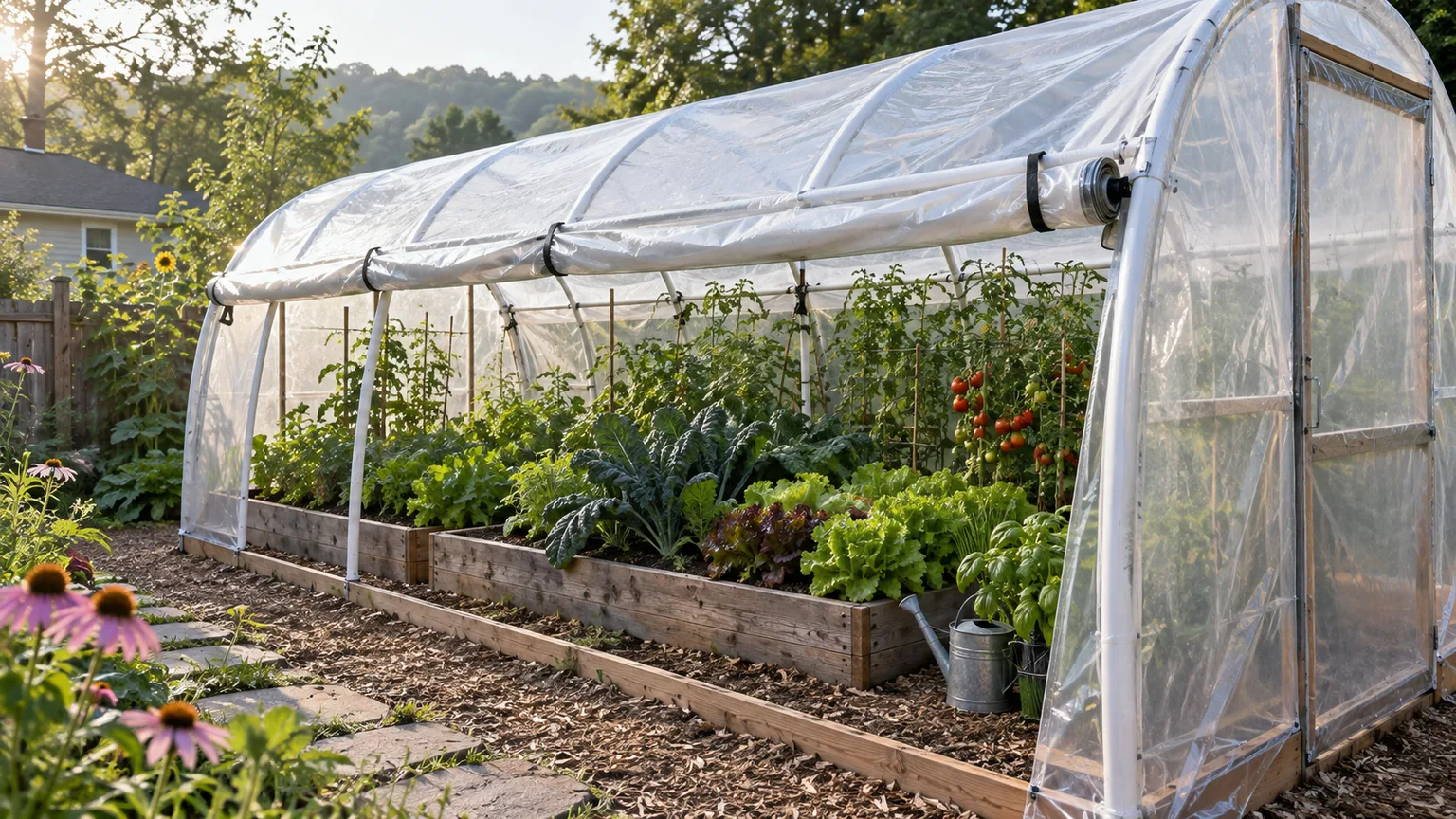 A backyard hoop greenhouse with its clear plastic side rolled up for airflow beside raised vegetable beds.
