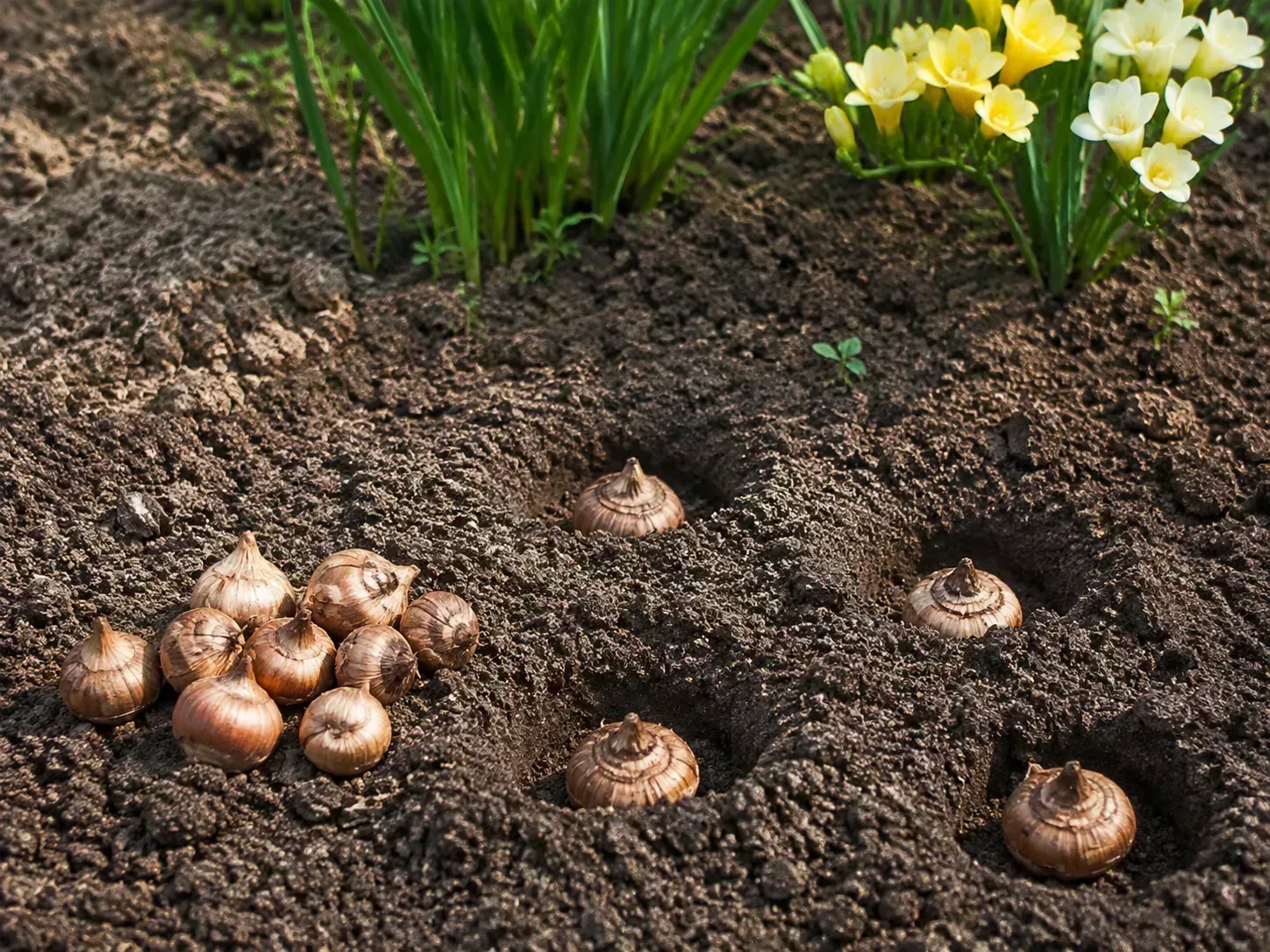 Freesia corms grouped in a prepared, well-drained garden bed