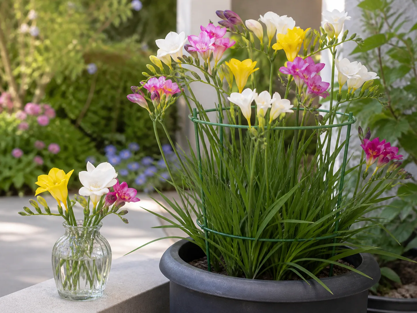 Flowering freesias held upright by a grow-through support beside a small vase of cut stems