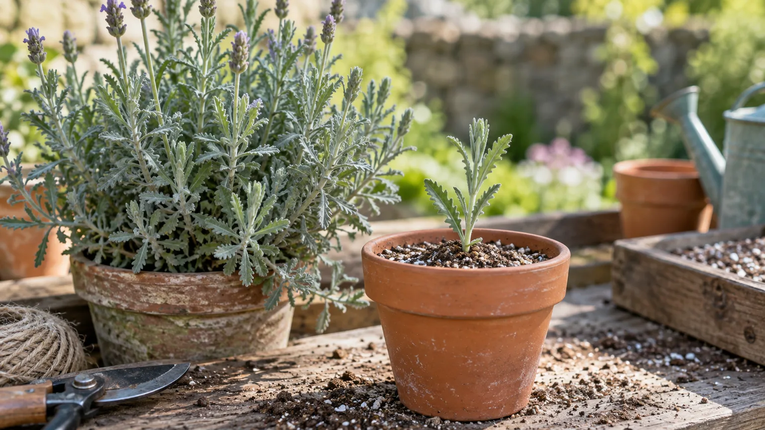 A semi-ripe French lavender cutting in gritty mix beside its parent plant