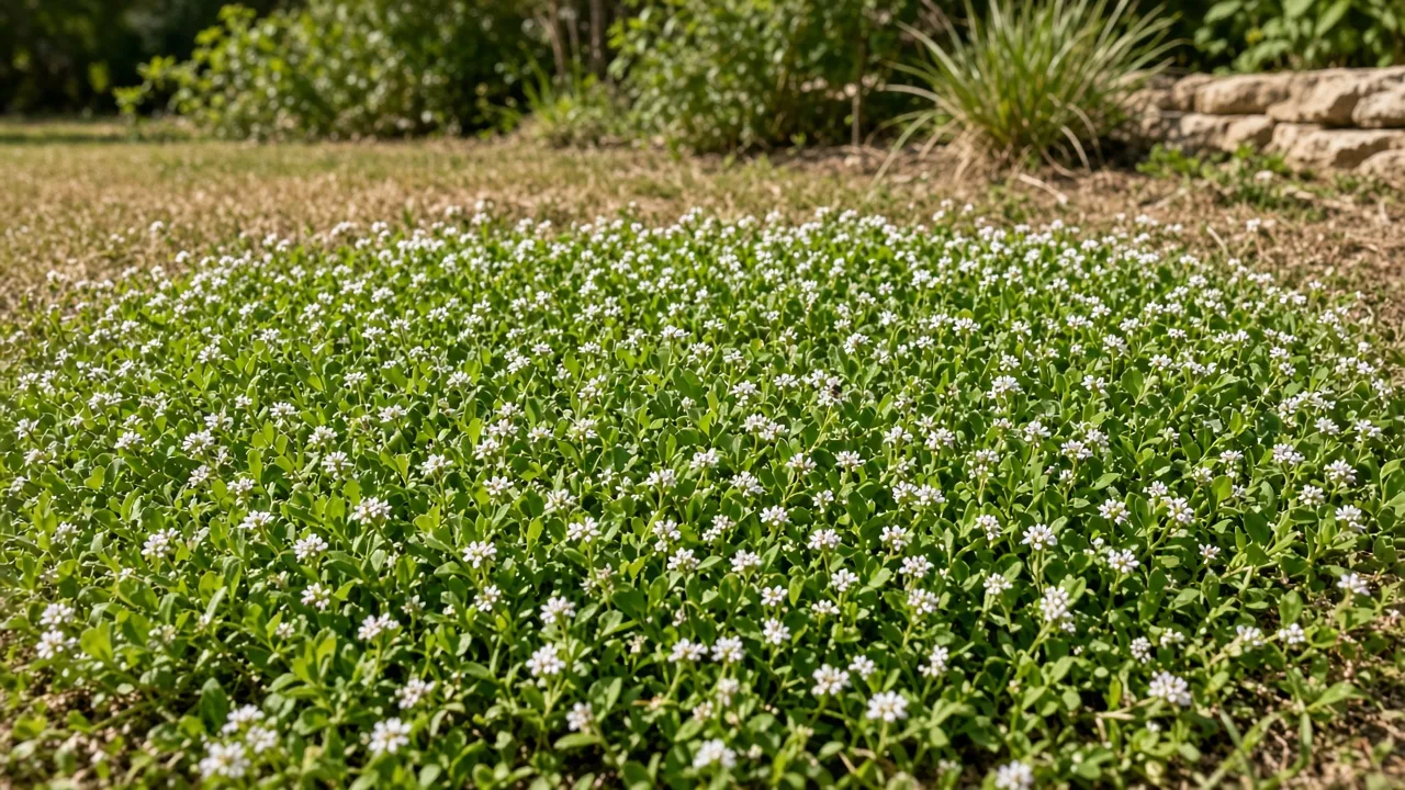 Healthy frog fruit (Phyla nodiflora) groundcover with white and purple flower buttons beside a garden path