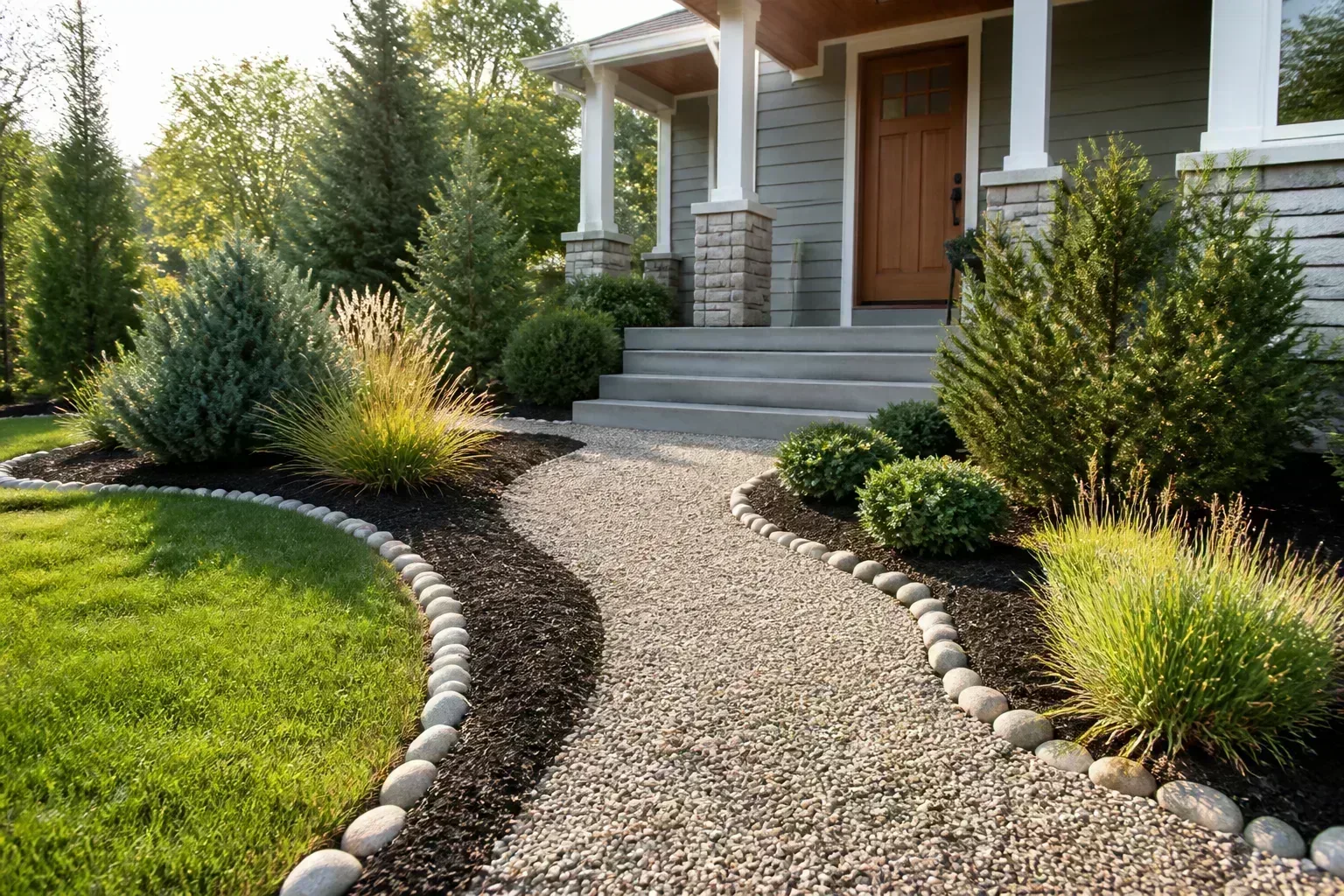 A tidy front yard with mulch beds, mixed shrubs, and decorative rock edging along the walkway