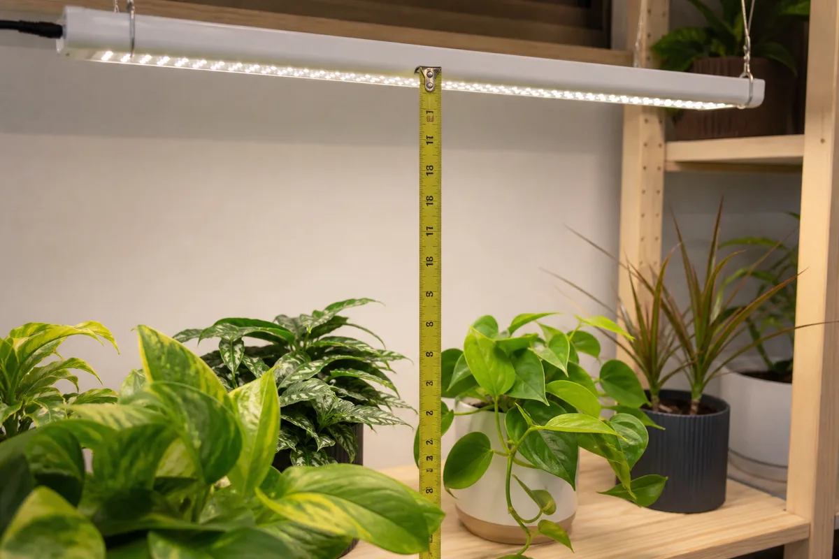 White LED grow light bar hung above a houseplant canopy with measured clearance for intensity setup