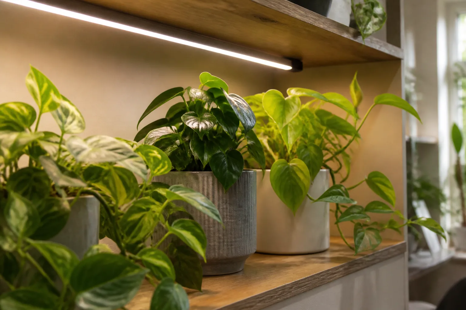 Houseplant shelf under a white full-spectrum LED grow light bar in a living room